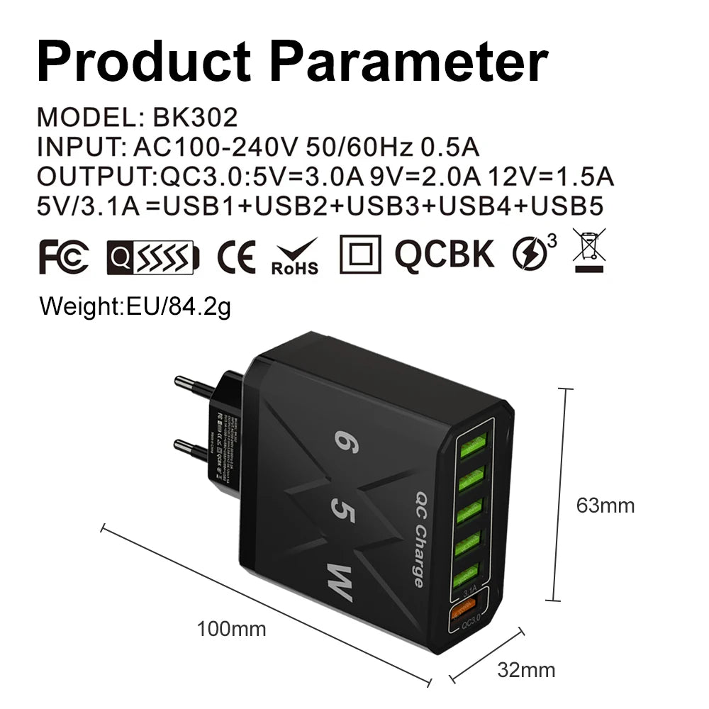 VoltHub 65W 6-Port Fast Charger